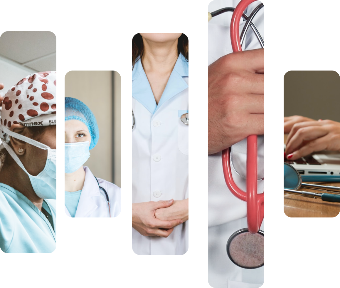 A collage of medical professionals in scrubs and white coats.